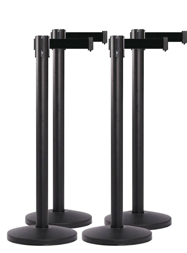 SET OF 4 BLACK RETRACTABLE BELT BARRIERS-Queue Master - The Crowd Controller
