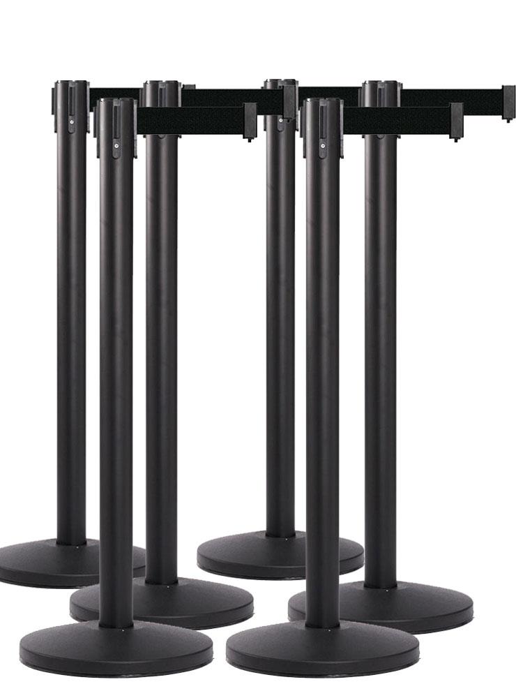 SET OF 6 BLACK RETRACTABLE BELT BARRIERS-Queue Master - The Crowd Controller