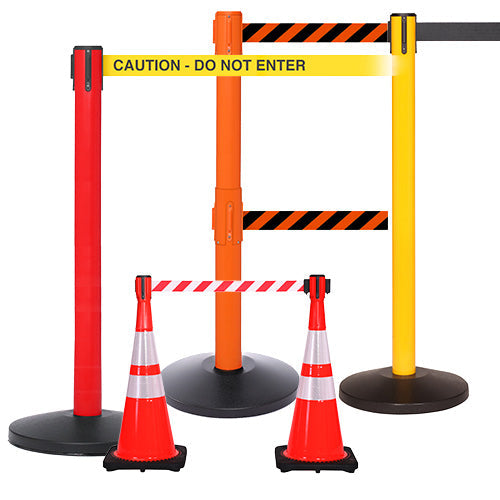 Weatherproof site safety stanchions with rubber base and traffic cone toppers