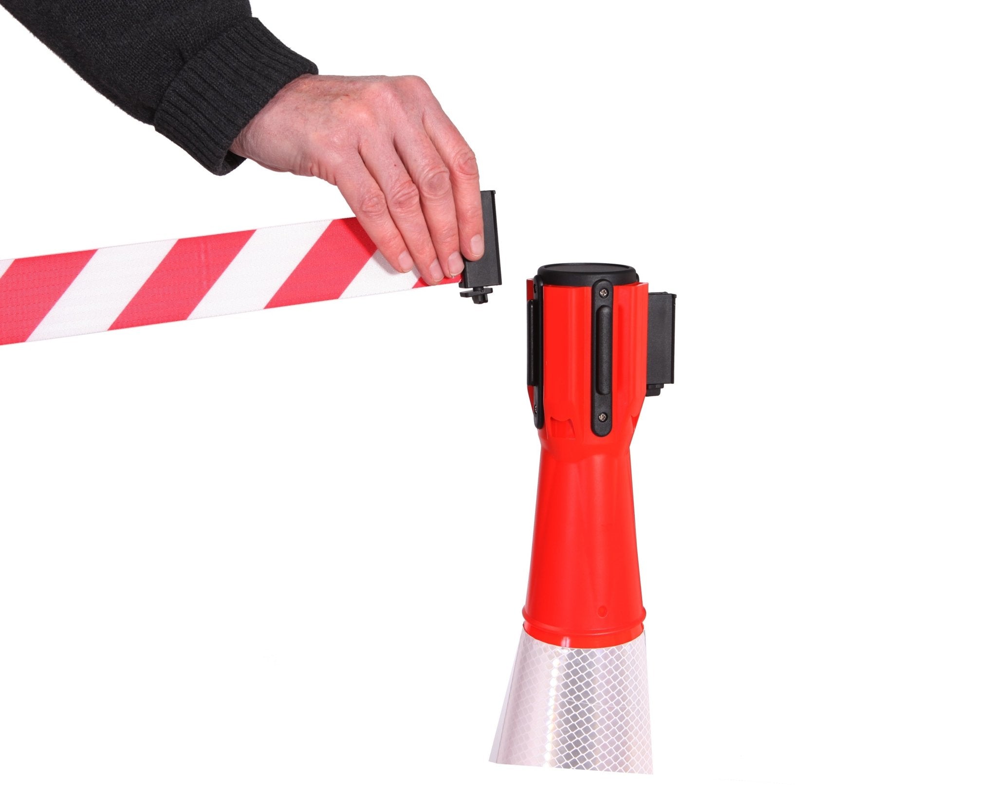 Retractable belt traffic cone toppers with caution message for site safety control