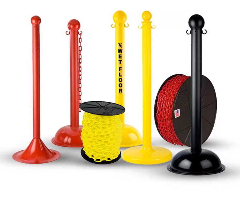 Lightweight plastic barrier posts with attachable chains in high-visibility colors