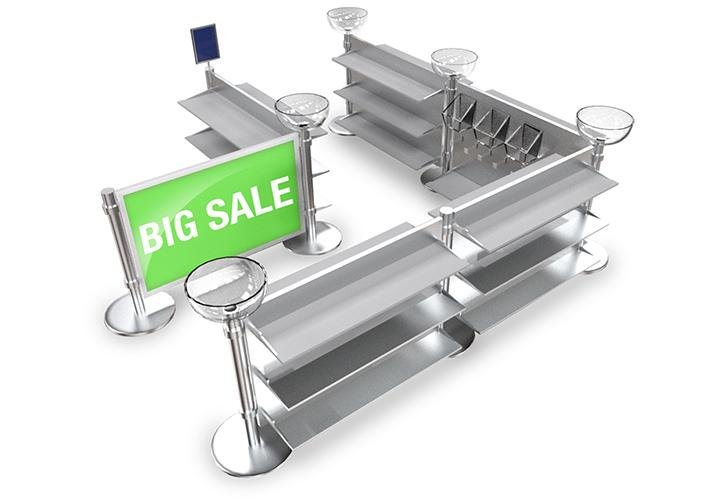 Retail queue setup with stanchions, slatwall panels, and hanging product displays
