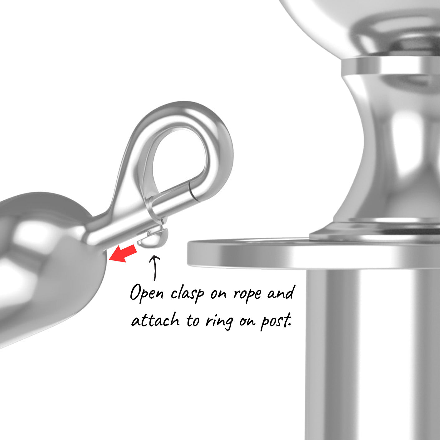 Snapping a velvet rope onto a stanchion post ring