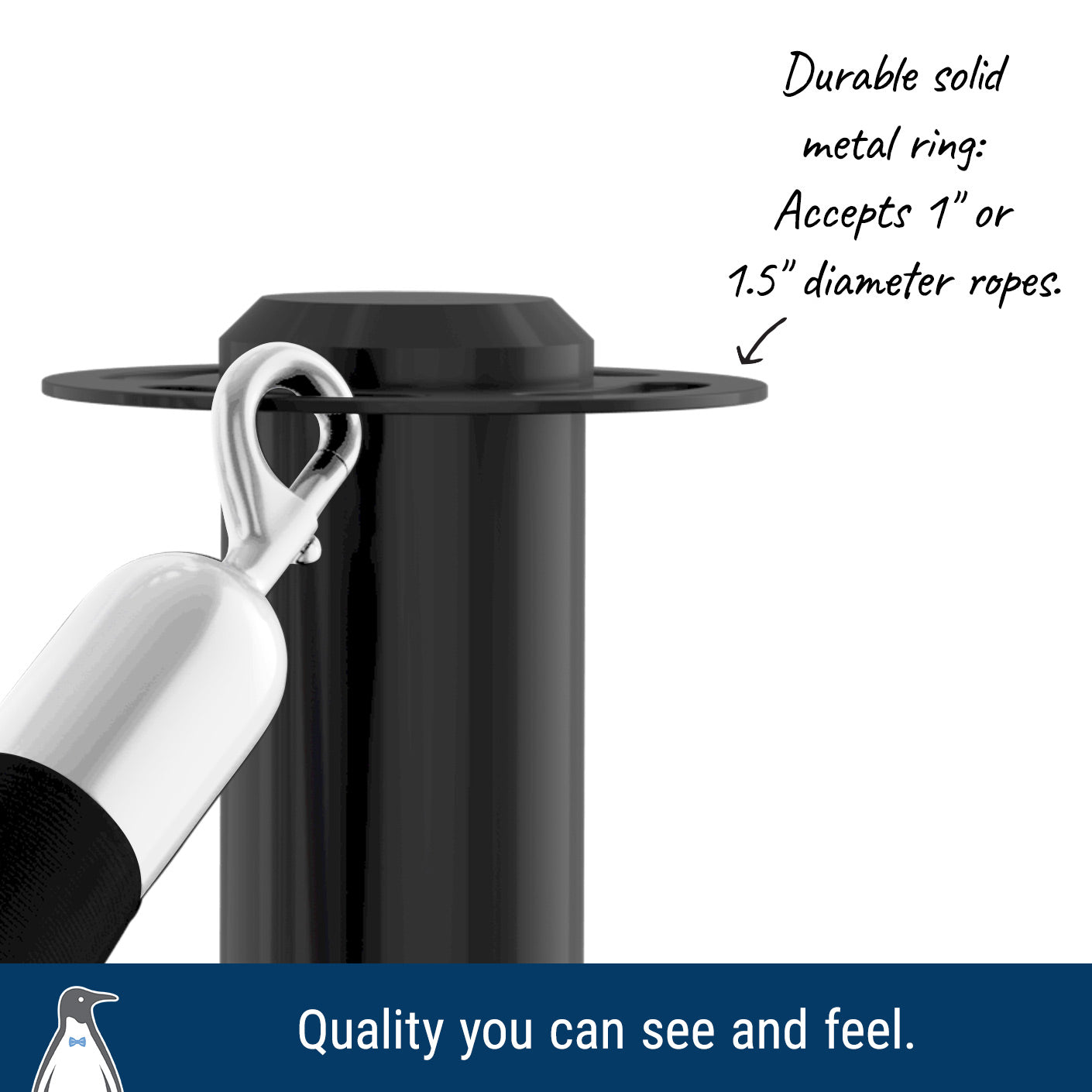 Smooth-edged universal rope ring on the flat top post