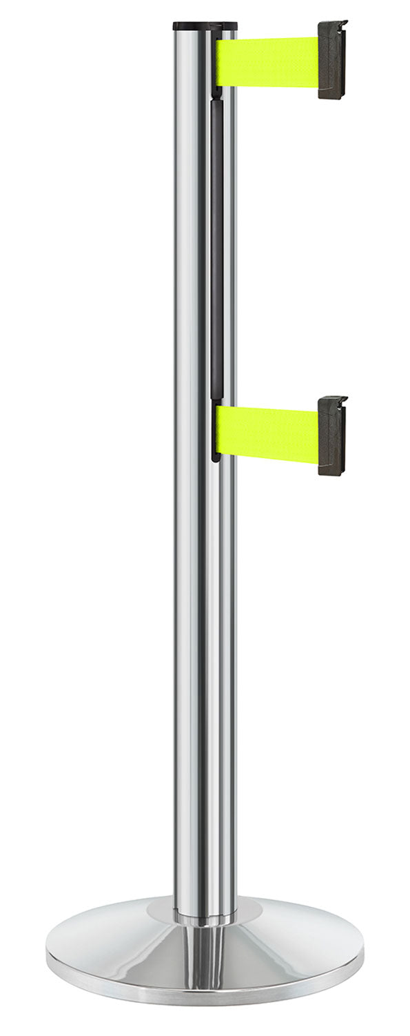 Beltrac 3000 ADA Portable Dual-Belt Stanchion | 10 FT Belts - CL - Chrome - FY - Florescent Yellow
