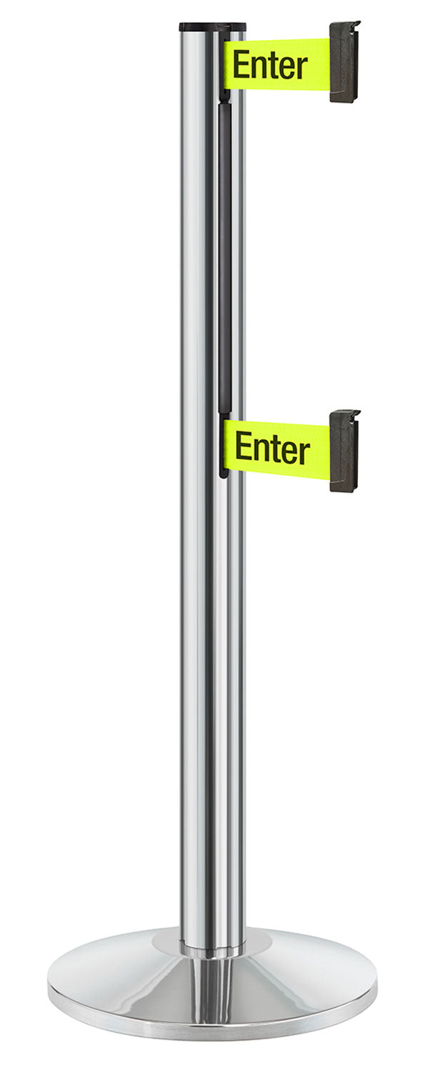 Beltrac 3000 ADA Portable Dual-Belt Stanchion | 10 FT Belts - CL - Chrome - S6 - Caution / Do Not Enter