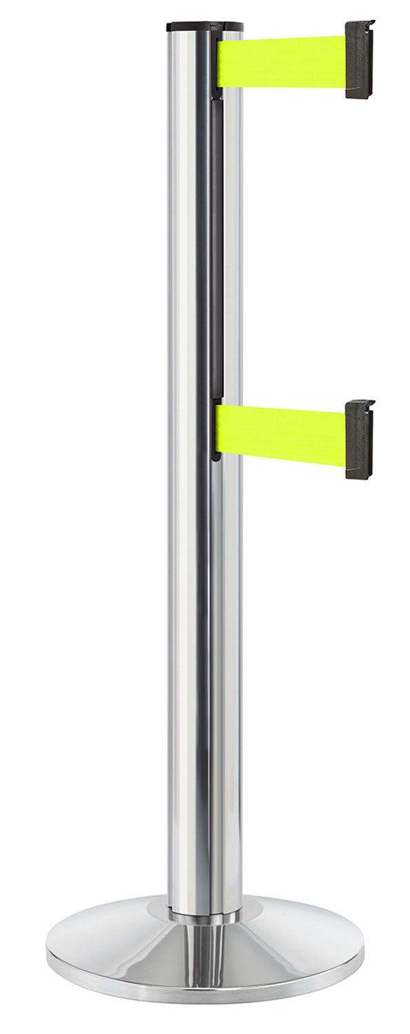 Beltrac 3000 ADA Portable Dual-Belt Stanchion | 15 FT Belts - CL - Chrome - FY - Florescent Yellow