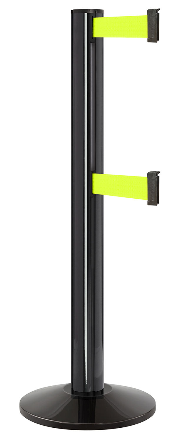 Beltrac 3000 ADA Portable Dual-Belt Stanchion | 15 FT Belts - GB - Gloss Black - FY - Florescent Yellow