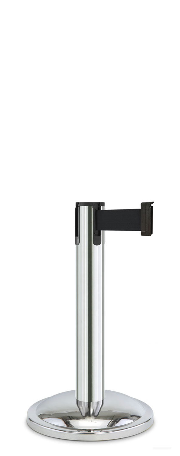 Contempo Exhibit Post | 24 in Retractable Belt Stanchion - PO - Polished Stainless - 12" Rounded