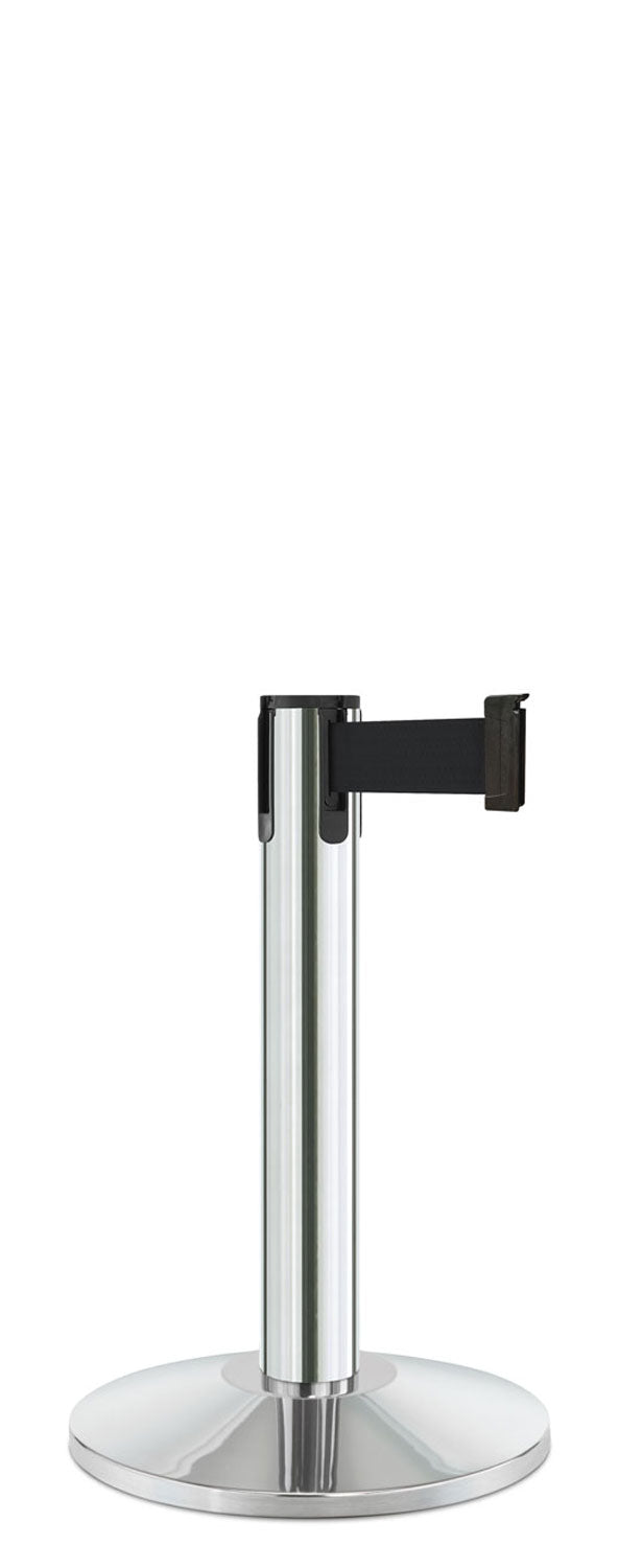 Contempo Exhibit Post | 24 in Retractable Belt Stanchion - PO - Polished Stainless - 14" Sloped