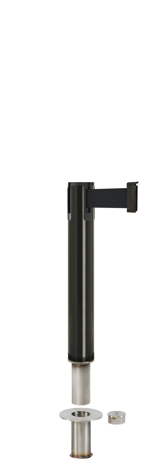 Contempo Exhibit Post | 24 in Retractable Belt Stanchion - GB - Gloss Black - Floor Socket