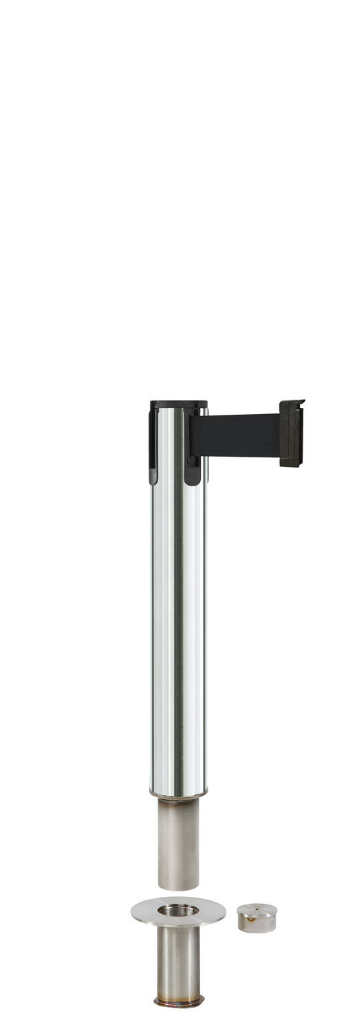 Contempo Exhibit Post | 24 in Retractable Belt Stanchion - PO - Polished Stainless - Floor Socket