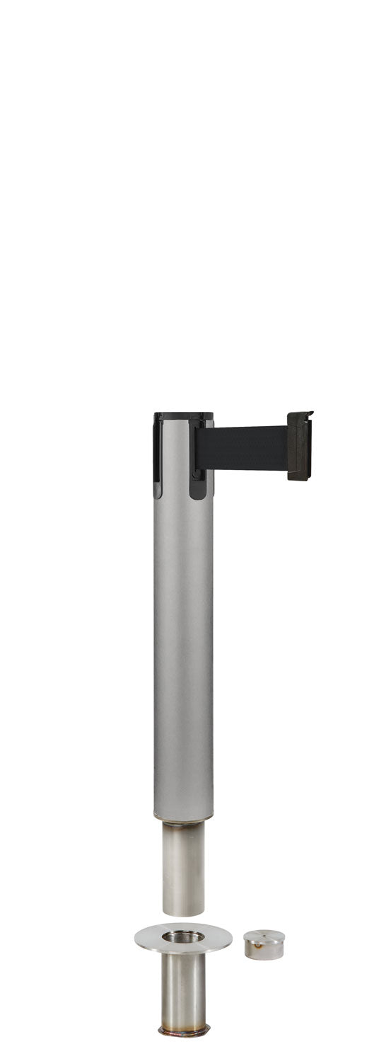 Contempo Exhibit Post | 24 in Retractable Belt Stanchion - SA - Satin - Floor Socket
