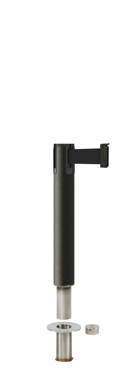 Contempo Exhibit Post | 24 in Retractable Belt Stanchion - WB - Wrinkle Black - Floor Socket
