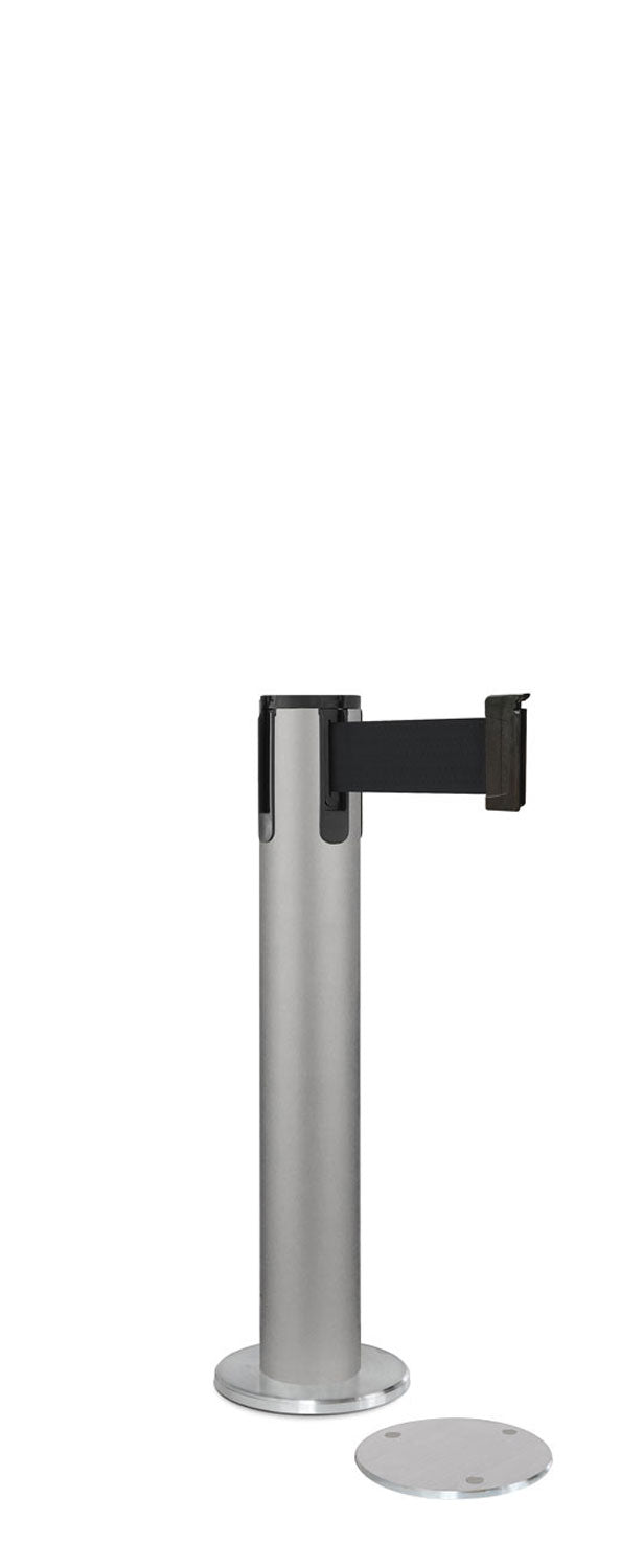 Contempo Exhibit Post | 24 in Retractable Belt Stanchion - SA - Satin - 5.5" Carpet Magnetic