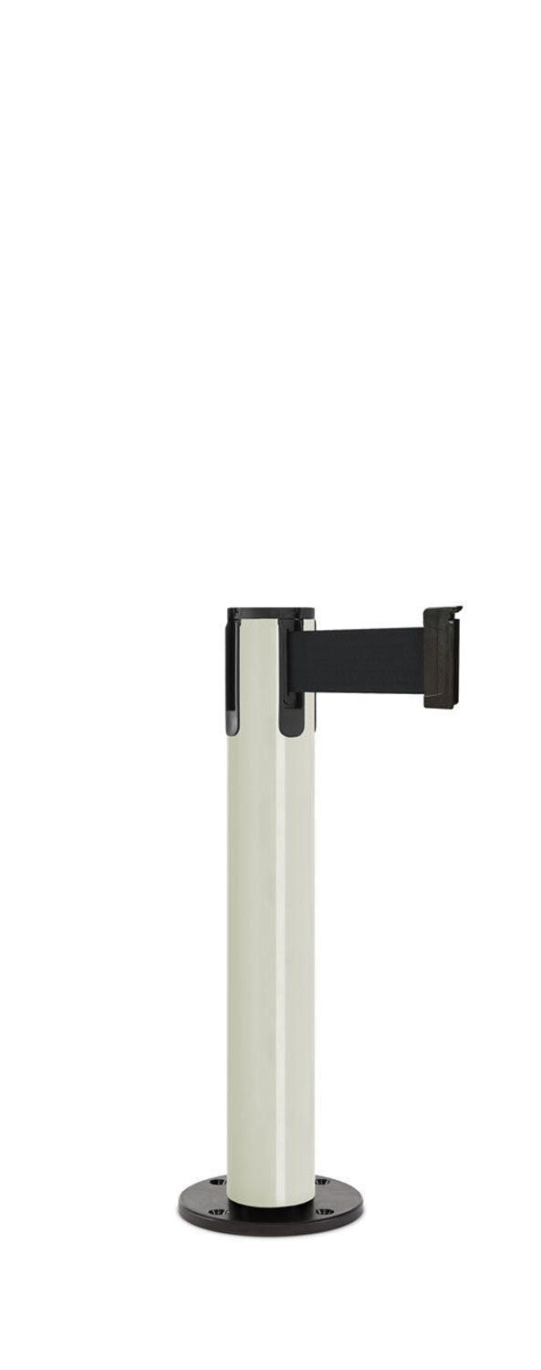Contempo Exhibit Post | 24 in Retractable Belt Stanchion - LW - Lavi White - Black Permanent