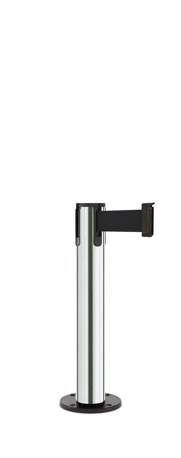 Contempo Exhibit Post | 24 in Retractable Belt Stanchion - PO - Polished Stainless - Black Permanent