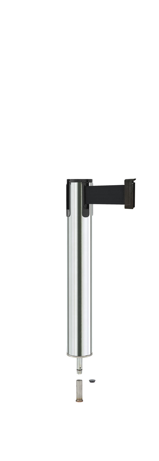 Contempo Exhibit Post | 24 in Retractable Belt Stanchion - PO - Polished Stainless - Pin Socket