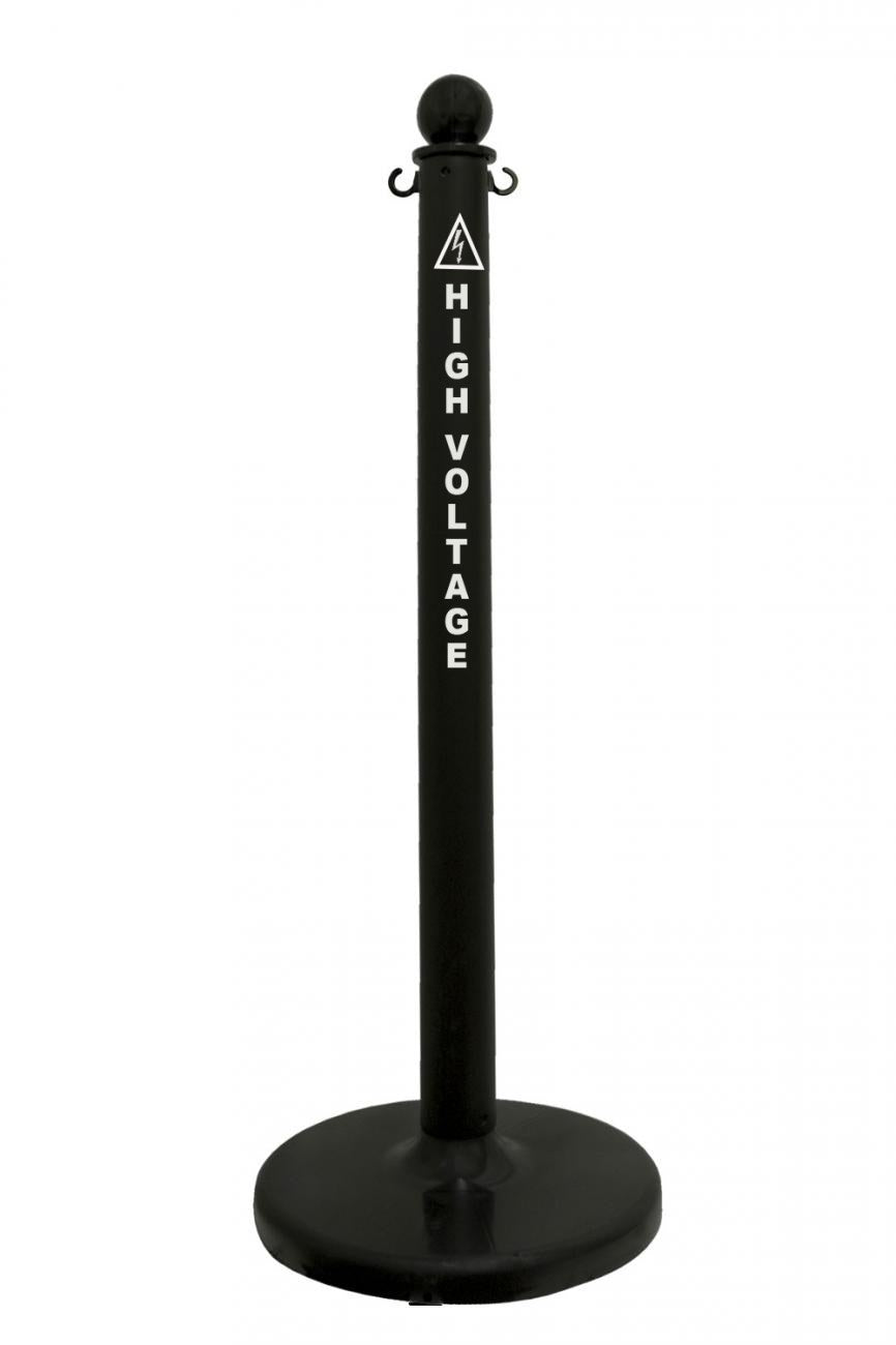 2.5" Black safety label stanchion, HIGH VOLTAGE in white