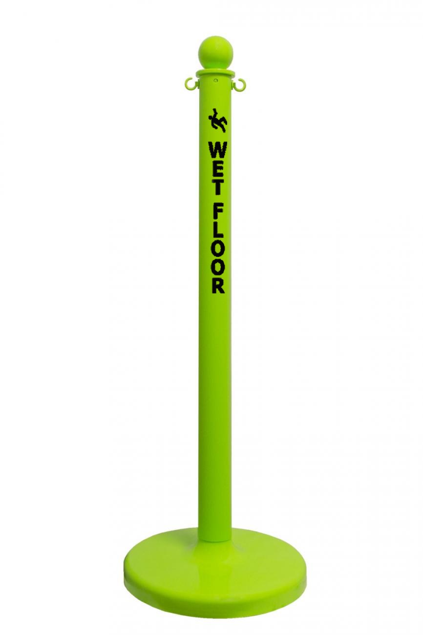 2.5" Safety Green safety label stanchion, WET FLOOR in black