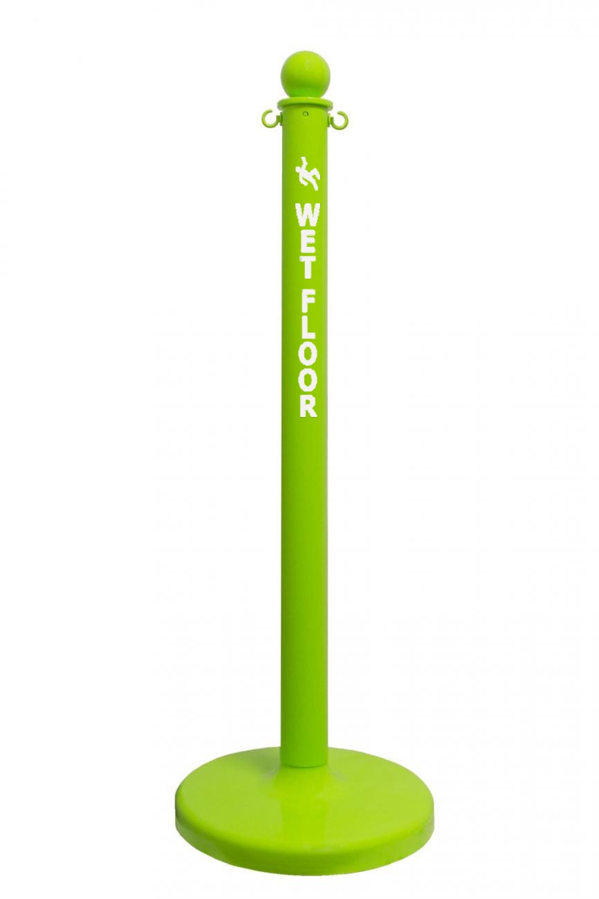 2.5" Safety Green safety label stanchion, WET FLOOR in white