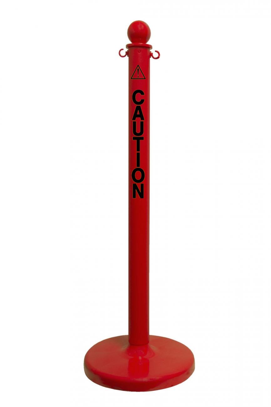 2.5" Red safety label stanchion, CAUTION in black