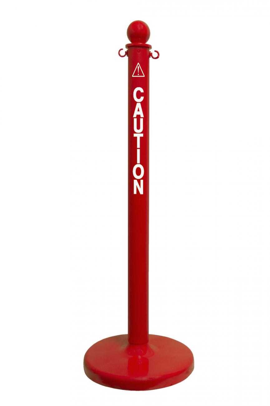 2.5" Red safety label stanchion, CAUTION in white