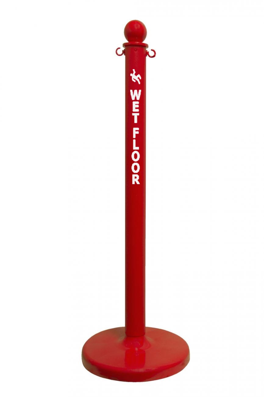 2.5" Red safety label stanchion, WET FLOOR in white