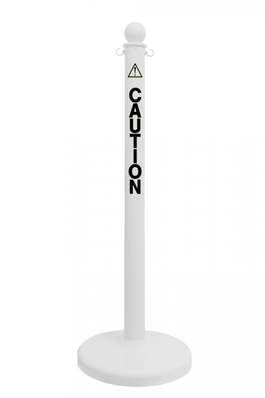 2.5" White safety label stanchion, CAUTION in black