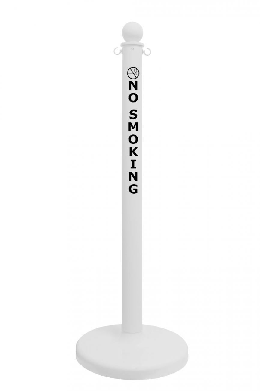 2.5" White safety label stanchion, NO SMOKING in black