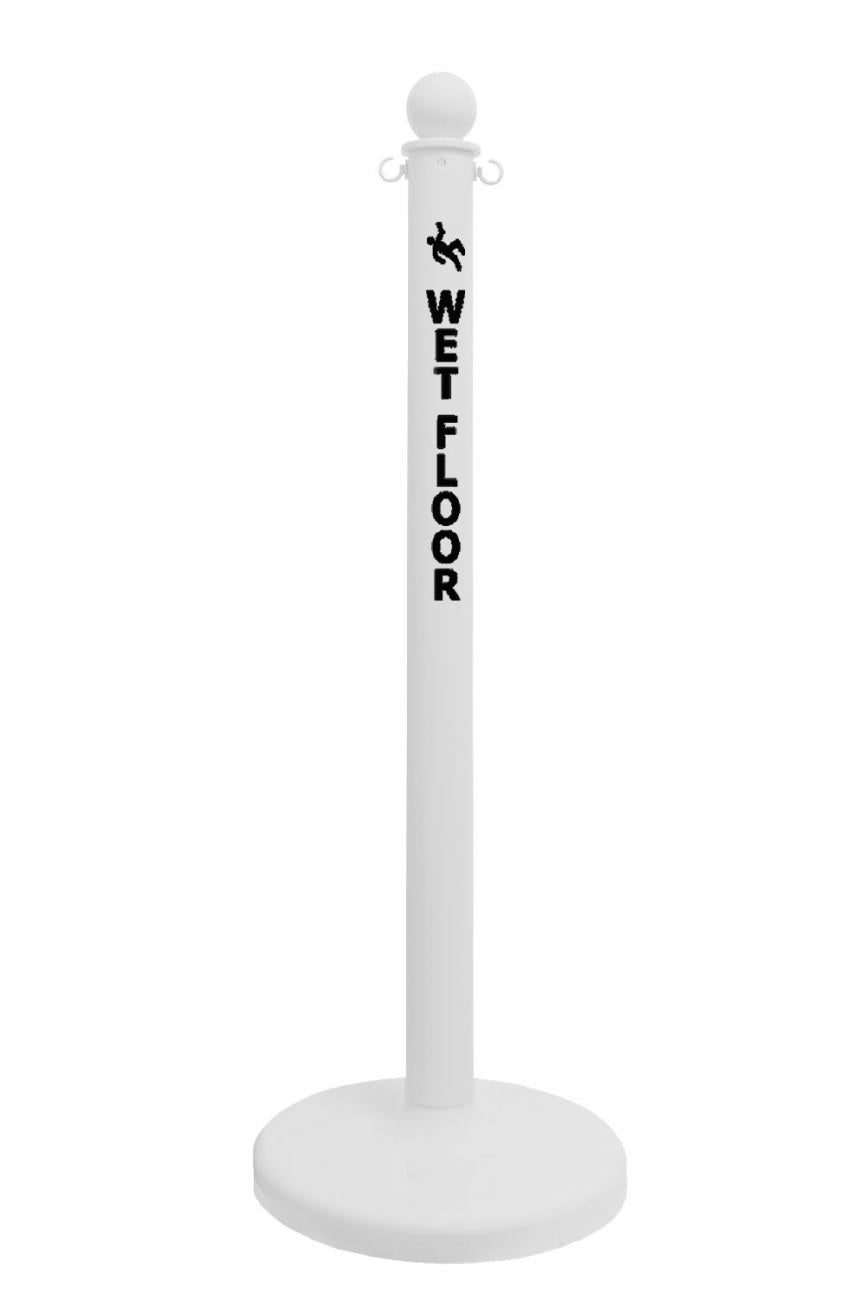 2.5" White safety label stanchion, WET FLOOR in black