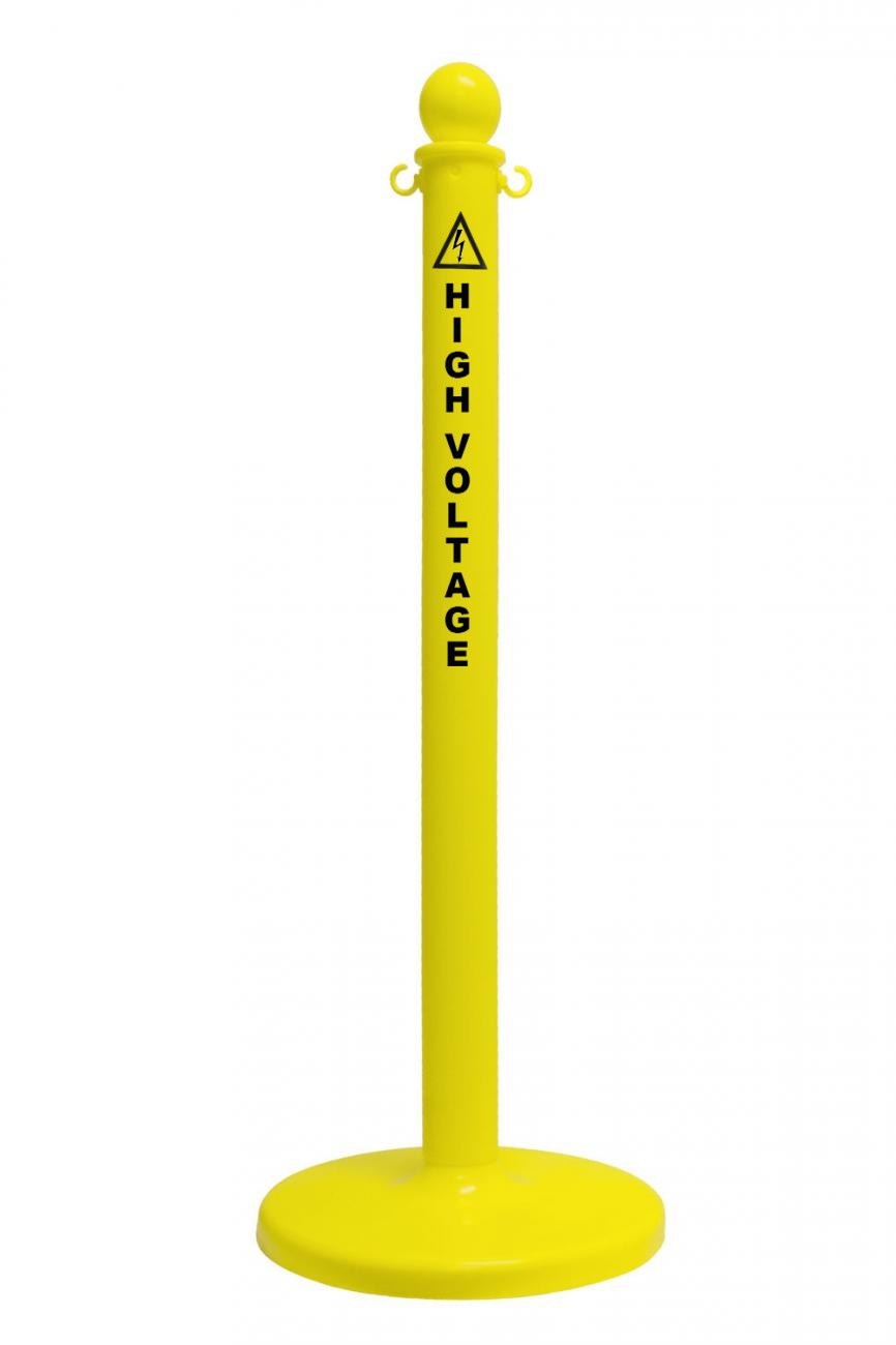 2.5" Yellow safety label stanchion, HIGH VOLTAGE in black