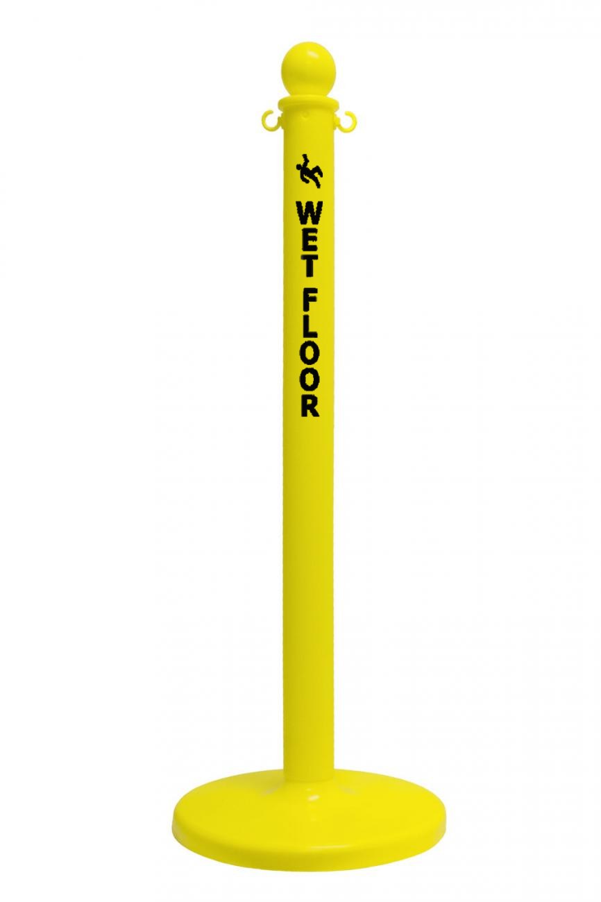 2.5" Yellow safety label stanchion, WET FLOOR in black