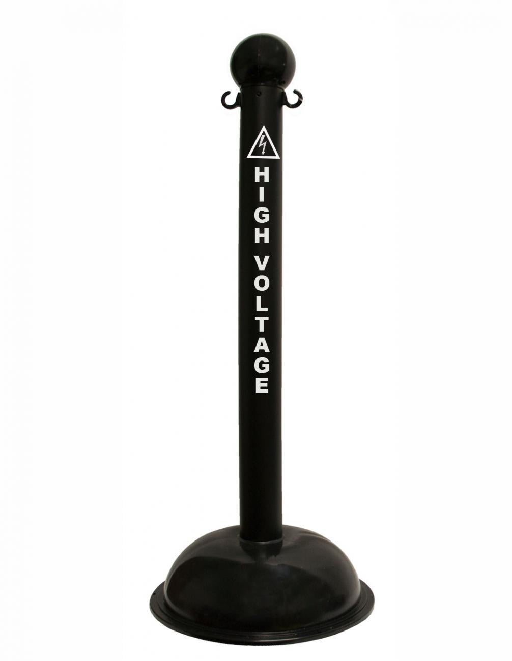 3" Black safety label stanchion, HIGH VOLTAGE in white