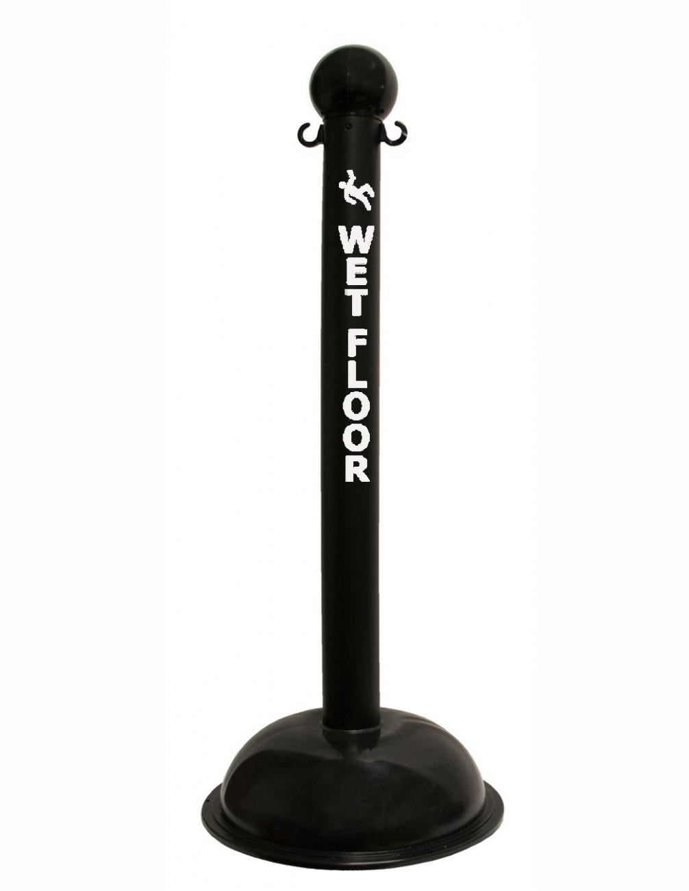3" Black safety label stanchion, WET FLOOR in white