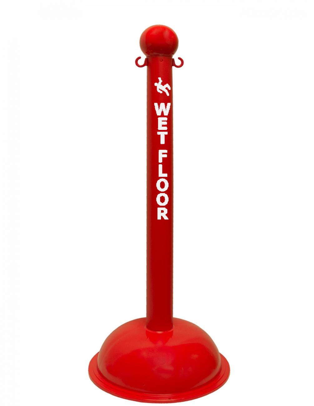 3" Red safety label stanchion, WET FLOOR in white