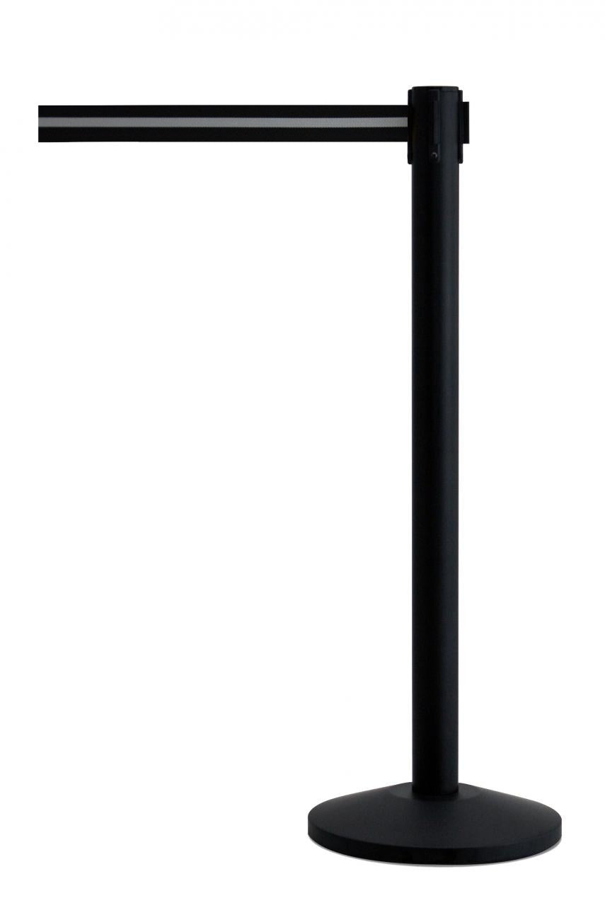 Queueway Retractable Belt Stanchion – Black / Black White Stripe