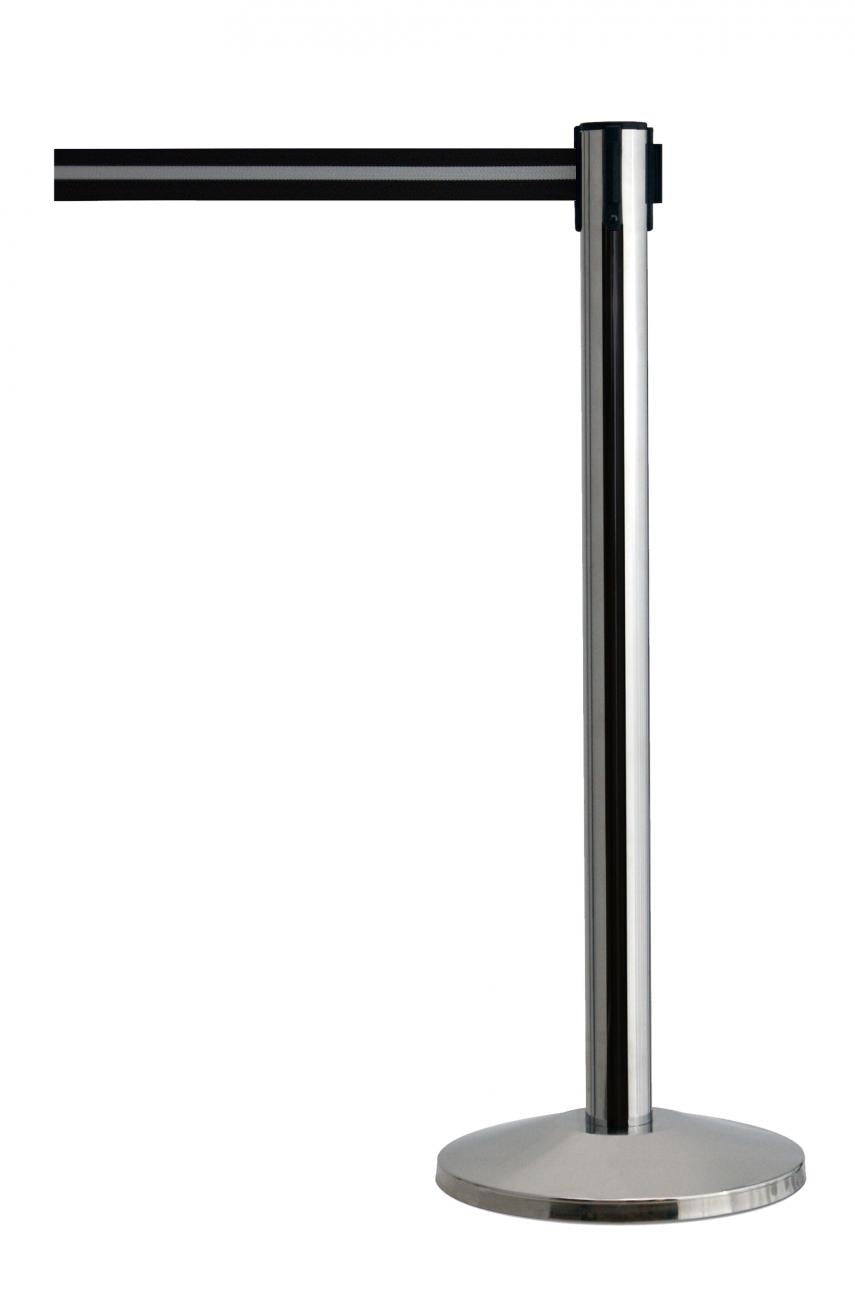 Queueway Retractable Belt Stanchion – Polished Stainless / Black White Stripe