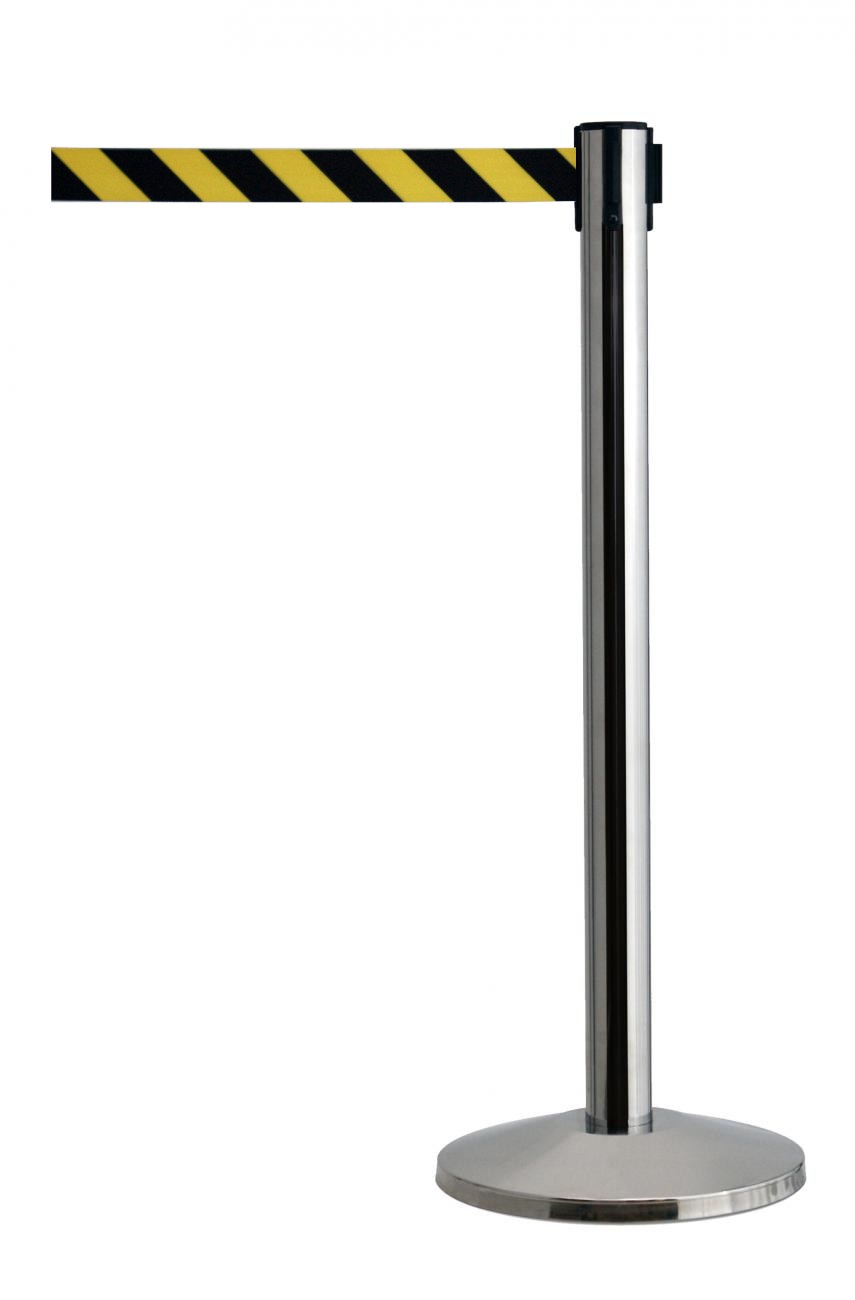 Queueway Retractable Belt Stanchion – Polished Stainless / Black Yellow Diagonal
