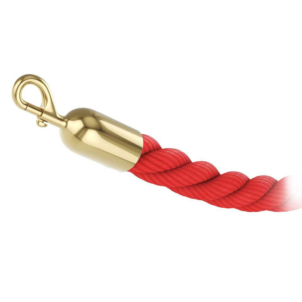 Red braided polypropylene stanchion rope with polished brass snap end