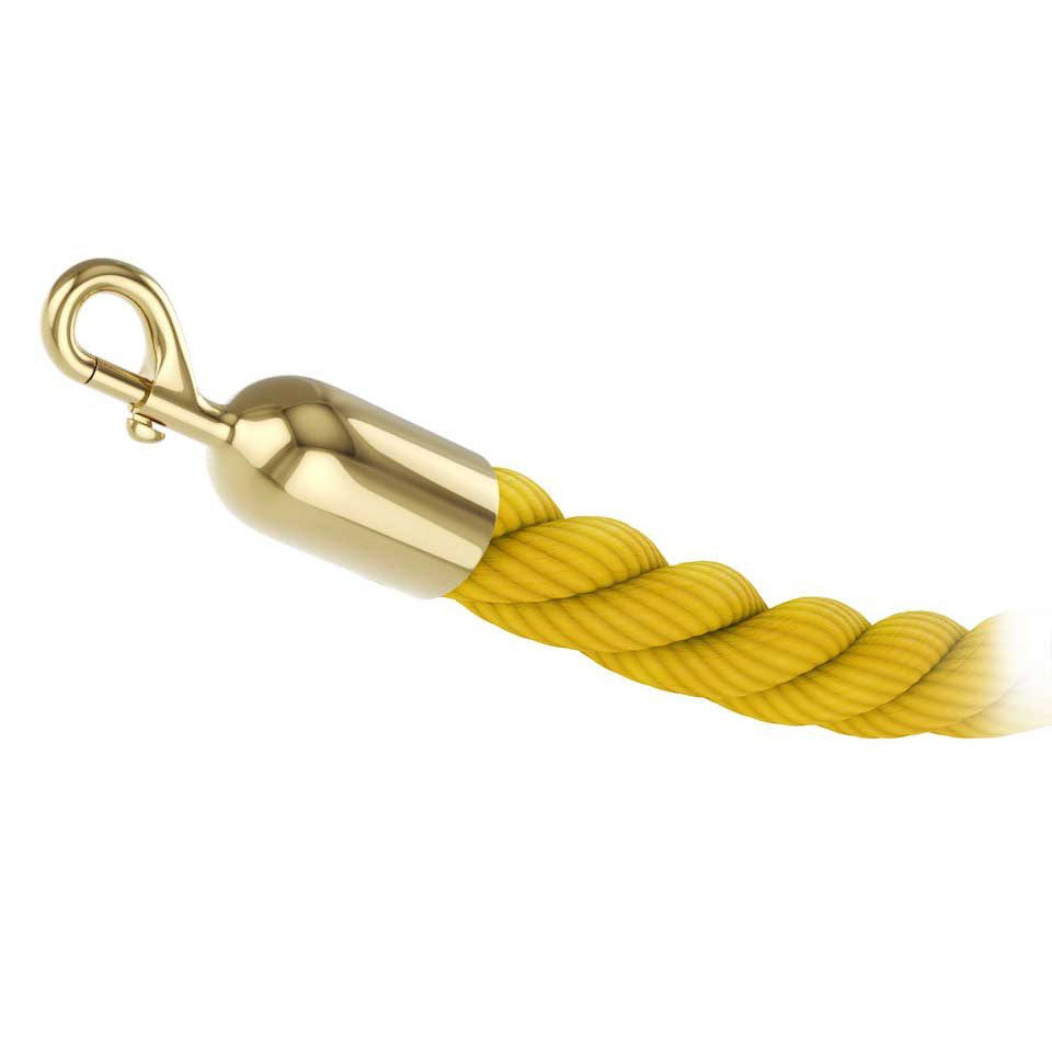 Yellow braided polypropylene stanchion rope with polished brass snap end