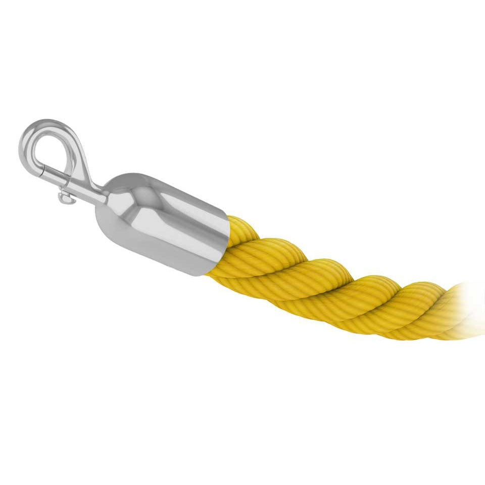 Yellow braided polypropylene stanchion rope with polished chrome snap end
