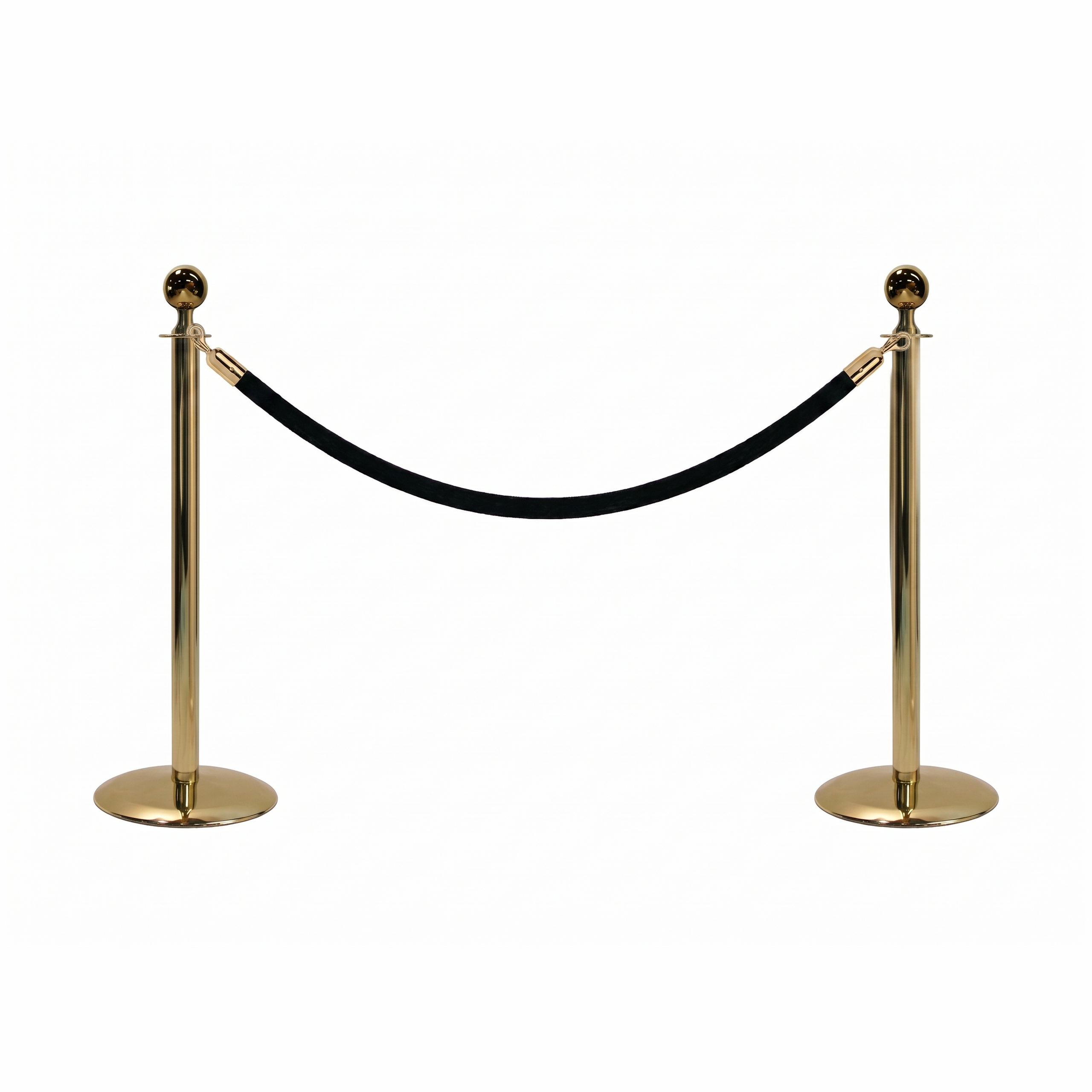 Lawrence Sphere Post & Rope Stanchion Twin Pack - two polished brass sphere-top posts with a black velour rope