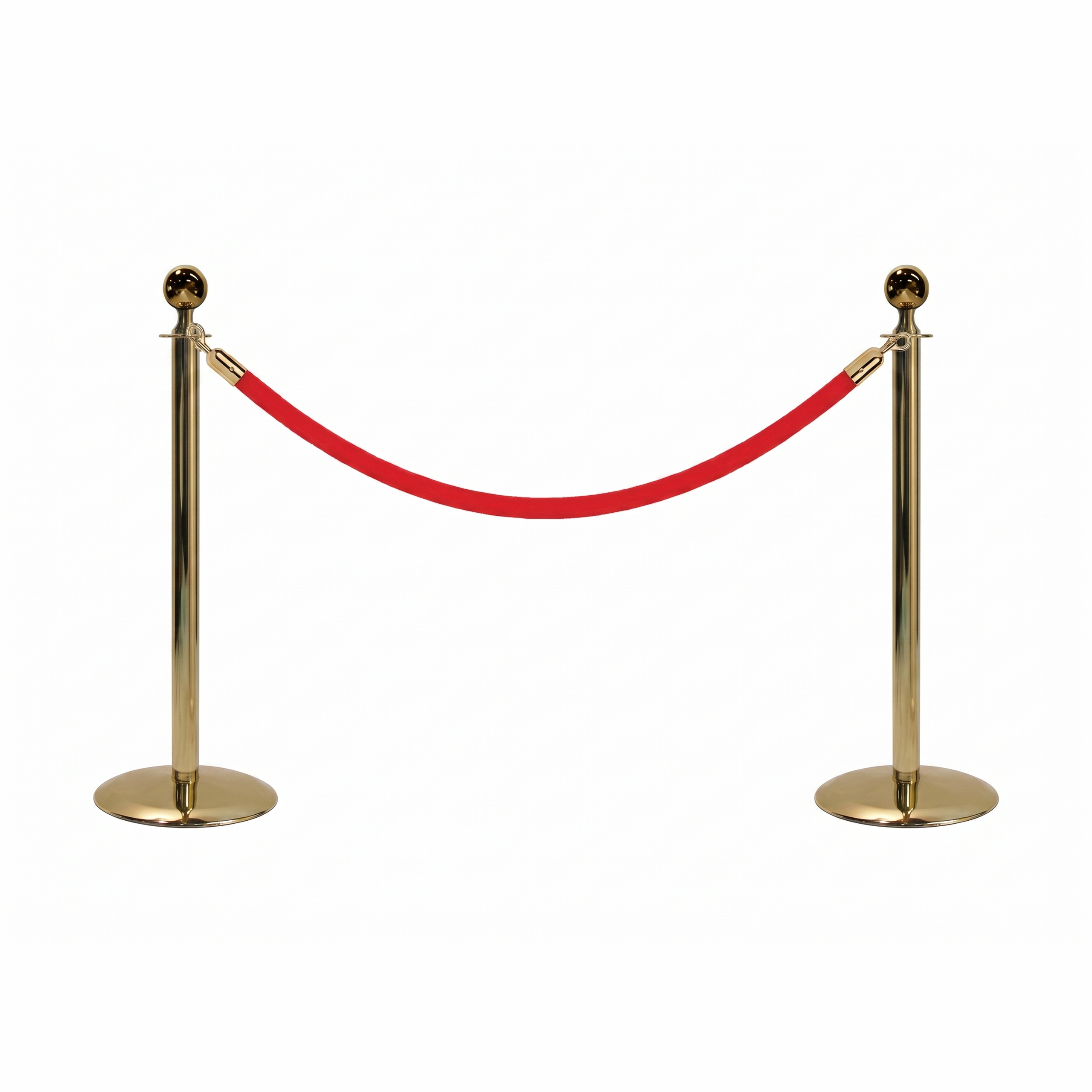 Lawrence Sphere Post & Rope Stanchion Twin Pack - two polished brass sphere-top posts with a red velour rope