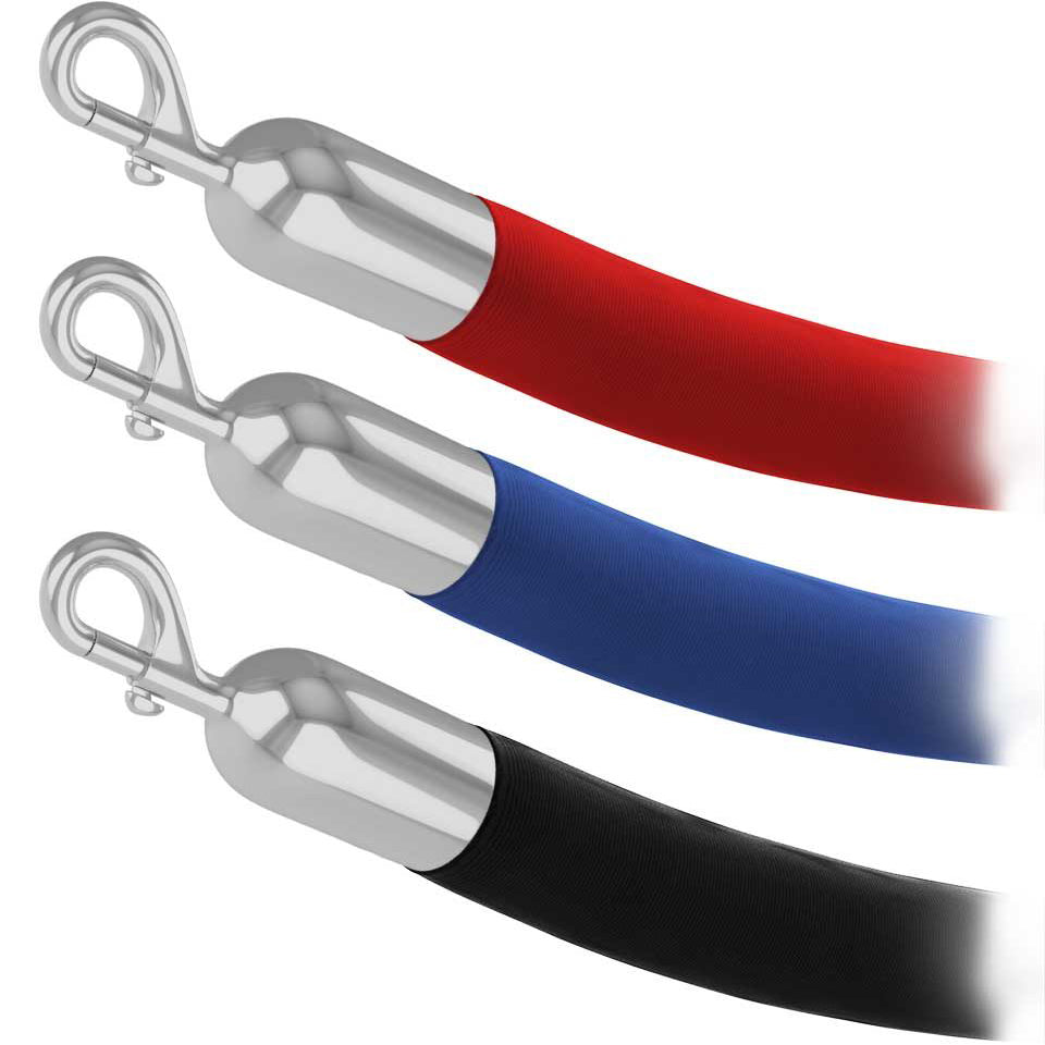 Velour stanchion ropes in five colours with polished chrome snap ends