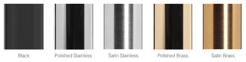 QueueMaster stock post finishes: Black, Polished Stainless, Satin Stainless, Polished Brass, Satin Brass