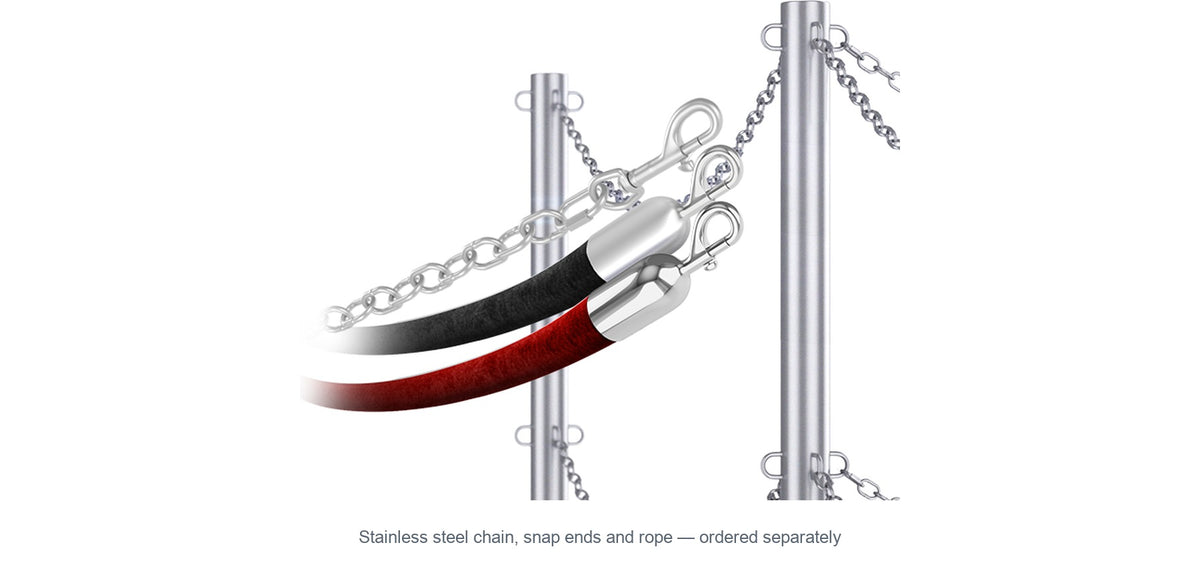 Stainless steel chain, snap ends and velvet ropes connected between loop posts