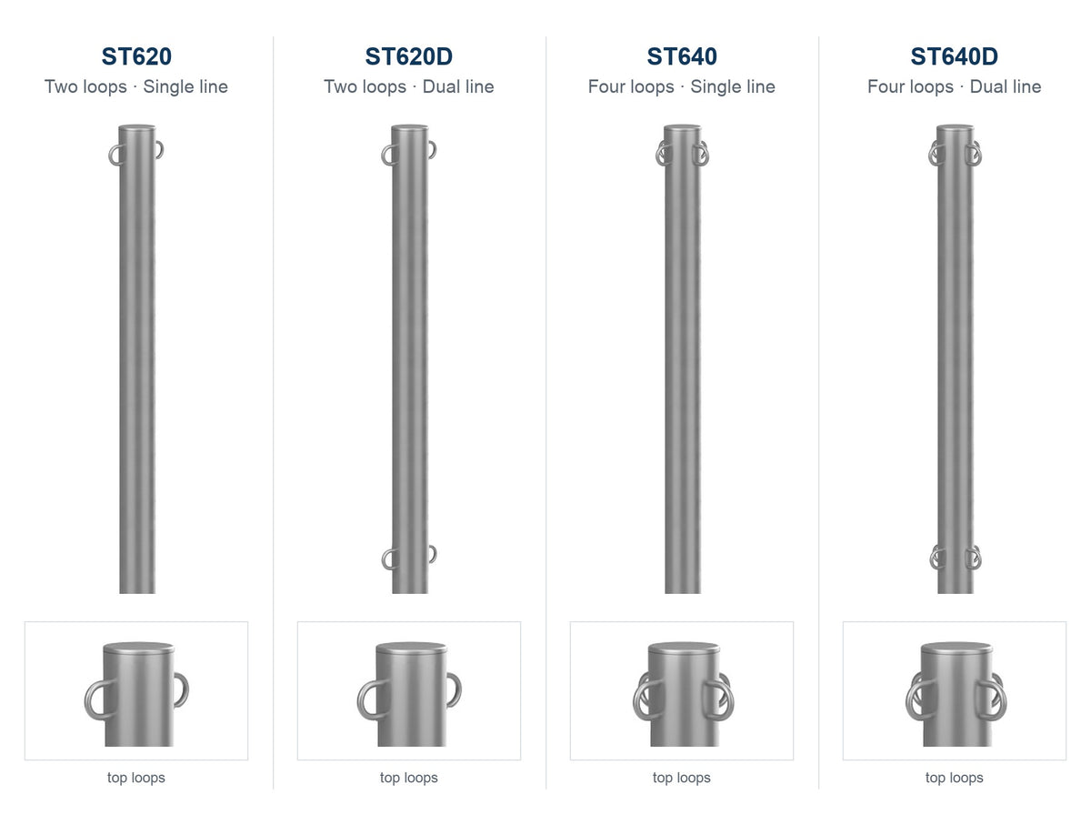 Visiontron loop post configurations: ST620, ST620D, ST640 and ST640D shown side by side with top loop detail