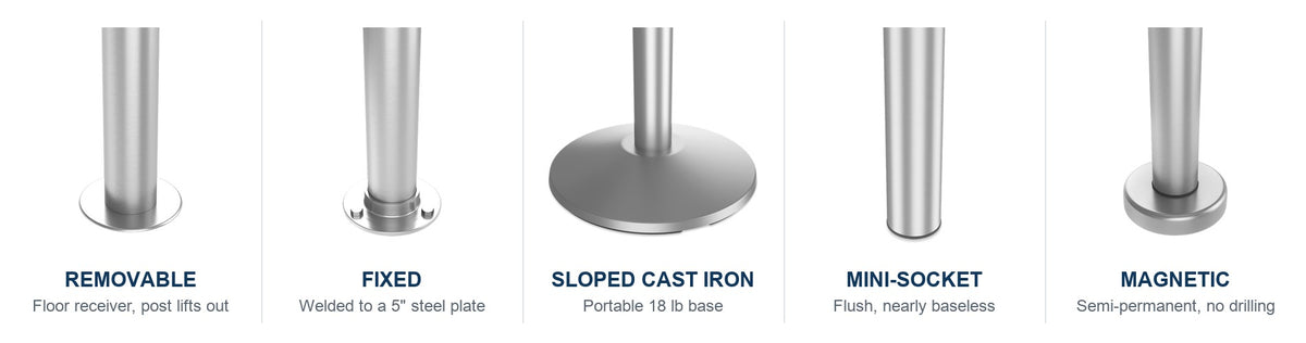 Loop post mounting options: removable floor receiver, fixed plate, sloped cast iron, MINI-SOCKET and magnetic bases