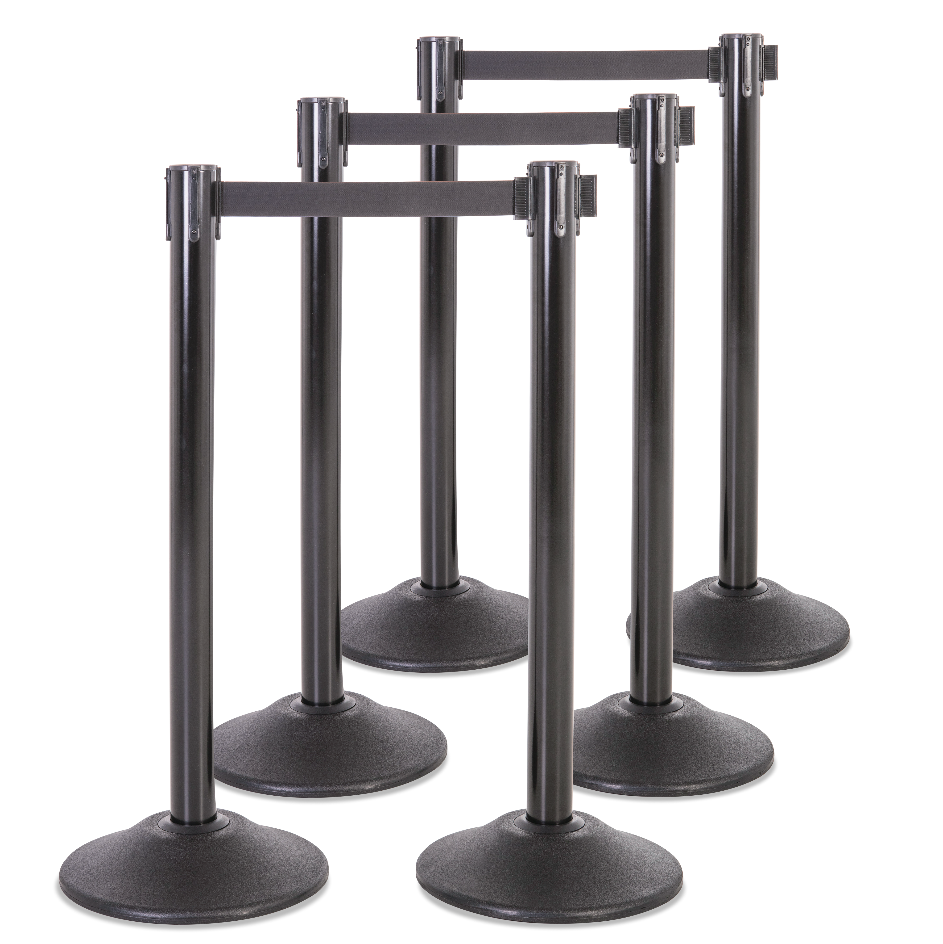 6-Pack Premium Steel Stanchions Barriers with Retractable Belt - Black